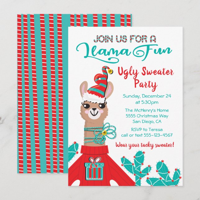 Fa la la Llama Ugly Christmas Sweater Party Invitation (Front/Back)