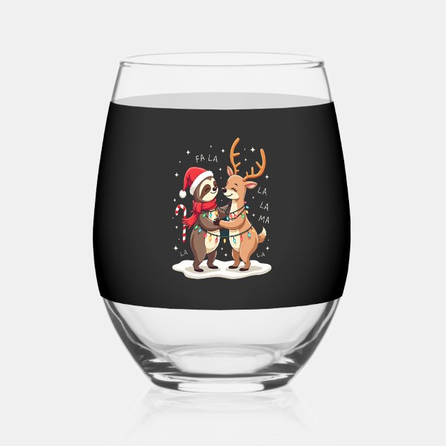 Fa La La Llama Xmas Lights Sloth Riding Llama Chri Stemless Wine Glass (Front)