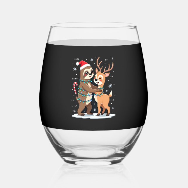 Fa La La Llama Xmas Lights Sloth Riding Llama Chri Stemless Wine Glass (Front)
