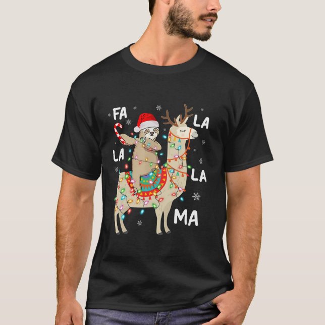 Fa La La Llama Xmas Lights Sloth Riding Llama Chri T-Shirt (Front)