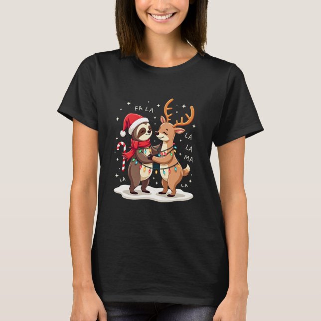 Fa La La Llama Xmas Lights Sloth Riding Llama Chri T-Shirt (Front)
