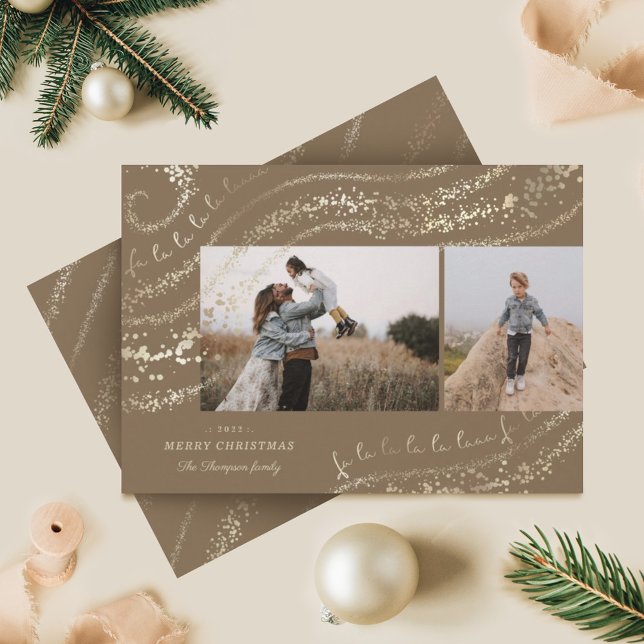 Fa La La Magical Gold Christmas Carol Two Photo Holiday Card (Creator Uploaded)