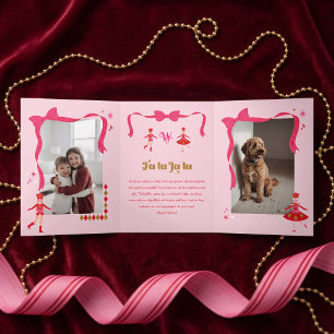 Fa La Nutcracker Ballet Pink Bow Photo Christmas Tri-Fold Holiday Card