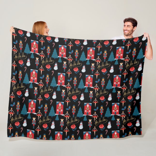 Fa La Nutcracker Christmas Character Pattern Black Fleece Blanket (In Situ)