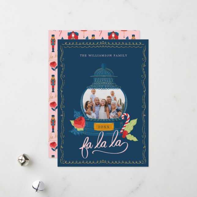 Fa La Nutcracker Christmas Family Photo Snow Globe Holiday Card (Front/Back In Situ)
