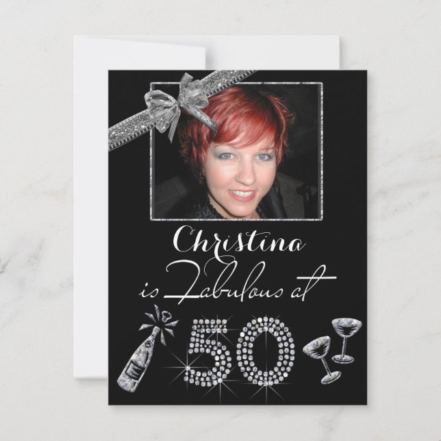 Fab At 50 Champagne & Diamonds Add Photo Birthday Invitation (Front)