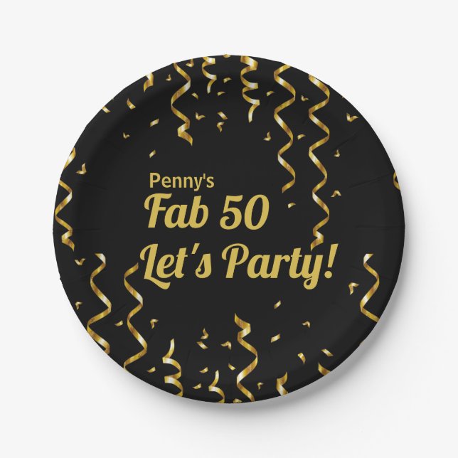 Fab Black and Gold Ribbons 50th Birthday Party  Paper Plate (Front)