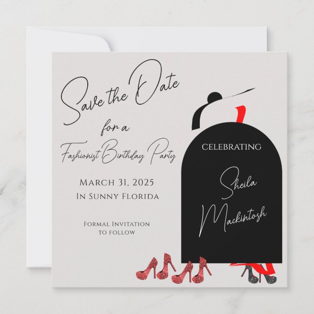 Fab Black Glam Fashionist Red Shoes Birthday Party Save The Date (Front)