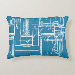 FAB MECHANICAL DRAWING BLUEPRINT BLUE  WHITE DECORATIVE PILLOW