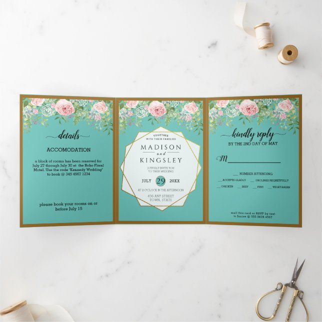 Fab Rose Floral Turquoise Mariage triple Invitatio (Intérieur)