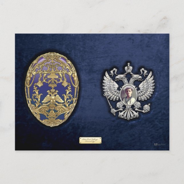 Faberge Tsarevich Egg with Surprise on Blue Velvet Postcard (Front)