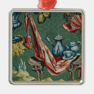 Fabric depicting a chocolate pot and a teapot metal ornament