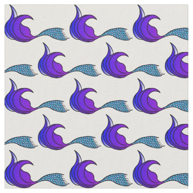 Fabric featuring blue and purple mermaid tail (Close Up)