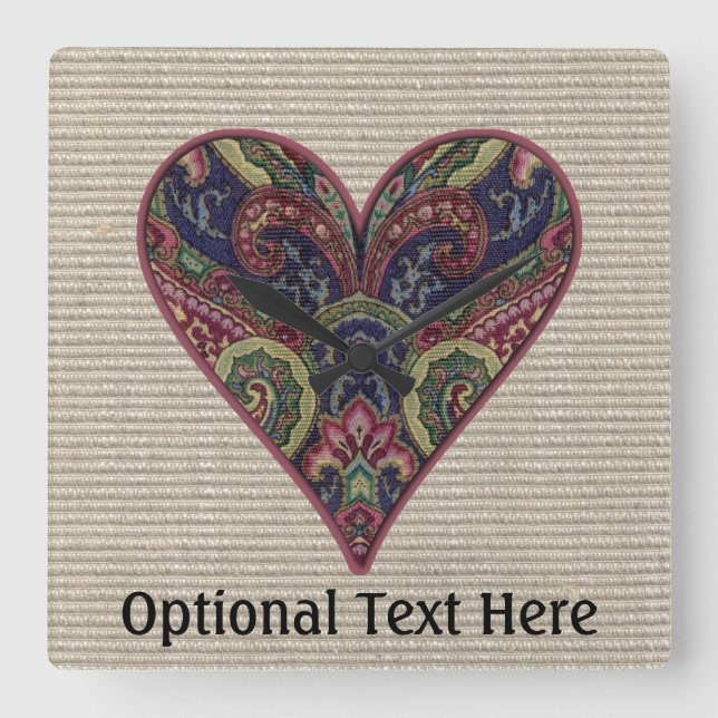 Fabric Heart Tapestry Collage Square Wall Clock (Front)