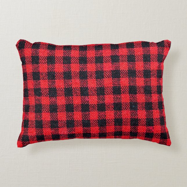 Fabric texture with grid pattern, red squares and  accent pillow (Front)