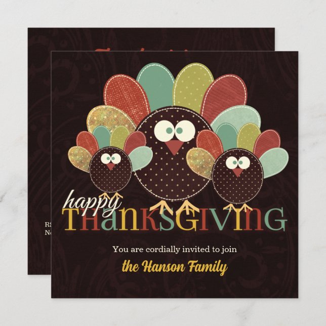 Fabric Turkey Family Gathering Thanksgiving Invitation (Front/Back)