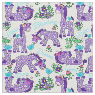 FABRIC Whimsical Baby Giraffes Birds Purple Teal