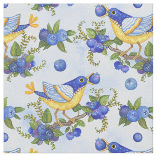 FABRIC WHIMSICAL BIRD BLUEBERRIES BLUE WATERCOLOR