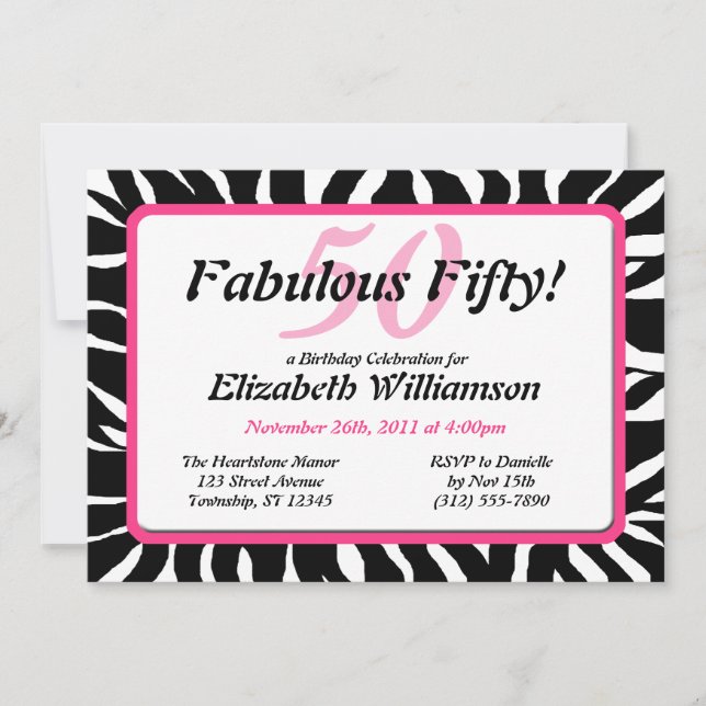 Fabuleux 50 Invitations d'anniversaire Zebra Print (Devant)