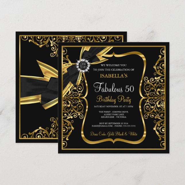 Fabuleux 50e Pearl Gold Lace Bow Invitation noir (Devant / Derrière)