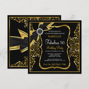 Fabuleux 50e Pearl Gold Lace Bow Invitation noir