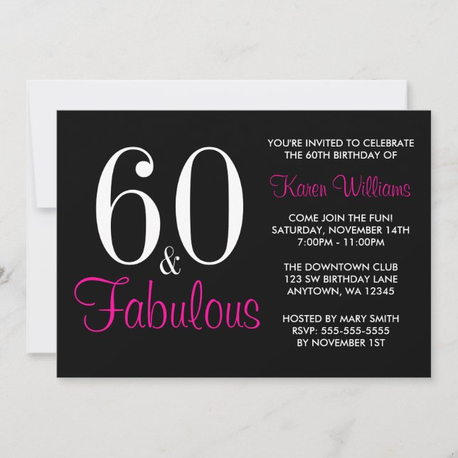 Fabuleux 60ème Black Pink Anniversaire Invitation (Devant)