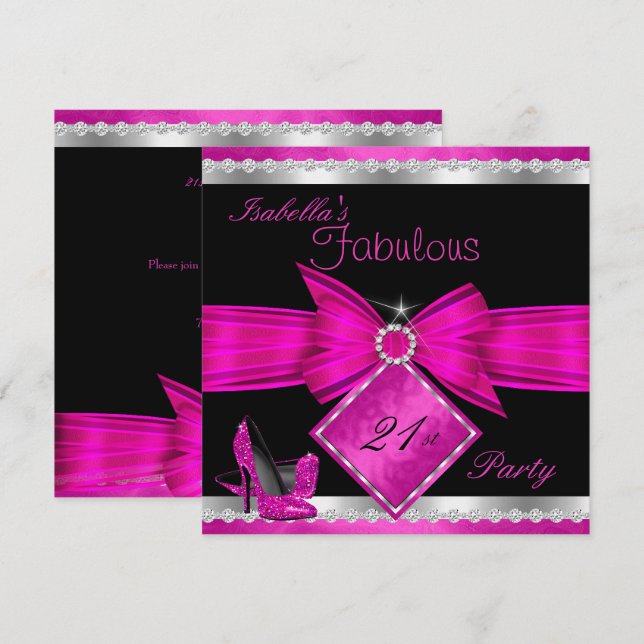 Fabulous 21 Hot Pink Black Silver Birthday Party Invitation (Front/Back)