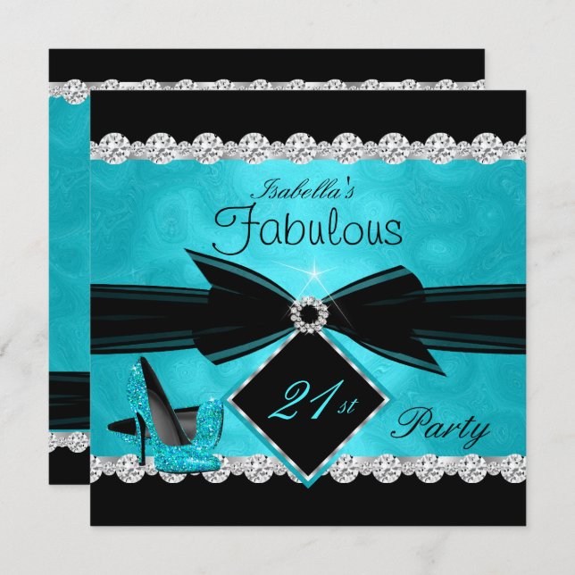 Fabulous 21 Teal Black Silver Birthday Party Invitation (Front/Back)
