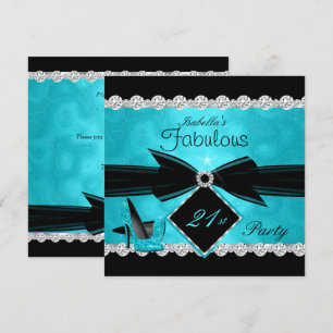 Fabulous 21 Teal Black Silver Birthday Party Invitation