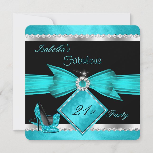 Fabulous 21 Teal Black Silver Birthday Party Invitation (Front)