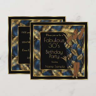 Fabulous 30 Birthday Party Gold Blue Palms Lady 2 Invitation