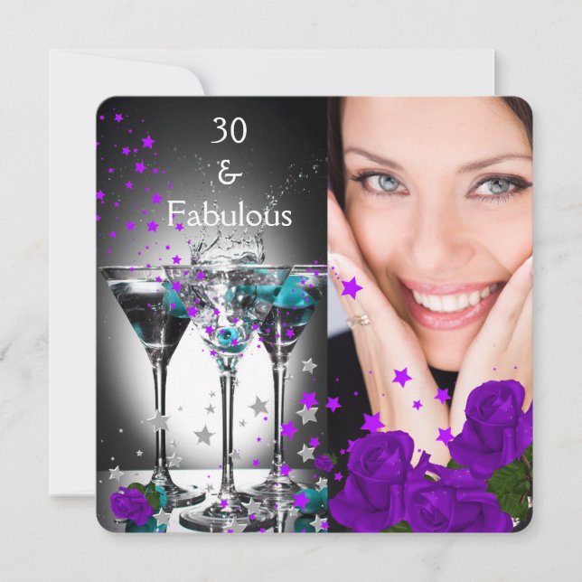 Fabulous 30 Birthday Teal Purple Roses Photo 2 Invitation (Front)