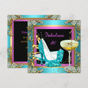 Fabulous 30 Pink Teal Gold Champagne Birthday Invitation