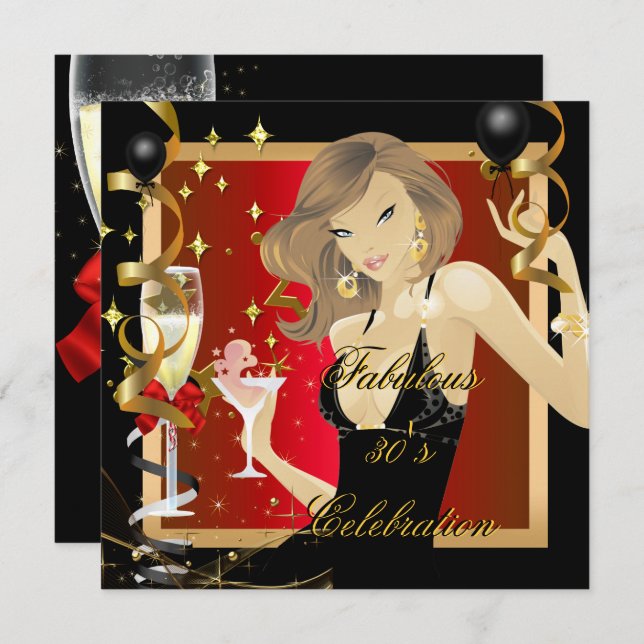 Fabulous 30 Red Gold Black Birthday Party Invitation (Front/Back)