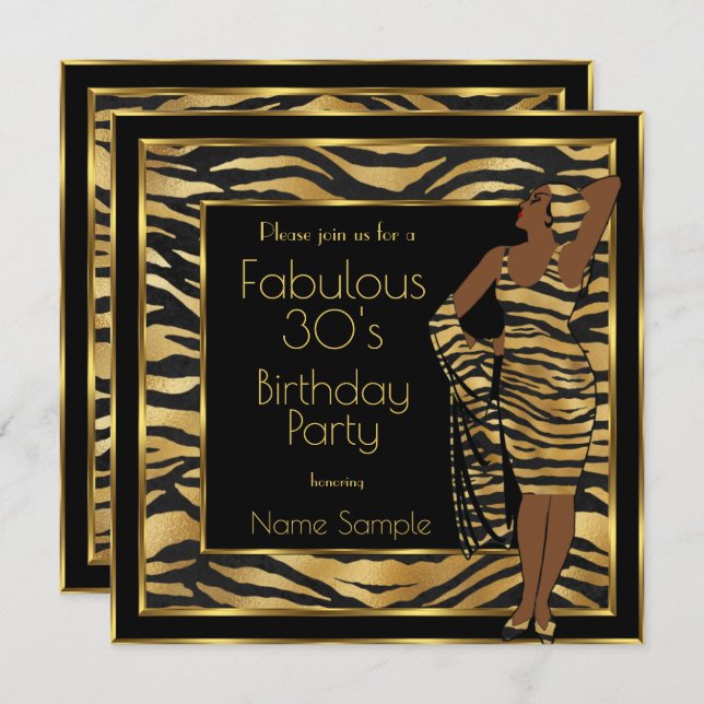 Fabulous 30's Birthday Party Black Gold Deco Lady Invitation (Front/Back)