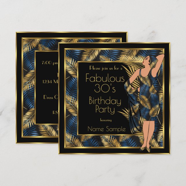 Fabulous 30's Birthday Party Gold Blue Palms Lady Invitation (Front/Back)