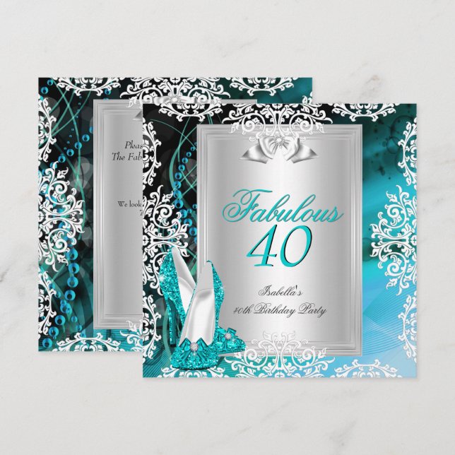 Fabulous 40 40th Birthday Party Blue Teal Shoes 2 Invitation (Front/Back)