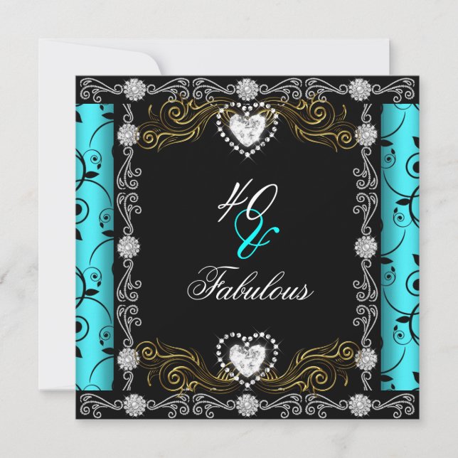 Fabulous 40 Damask Teal Black Silver 40th Birthday Invitation (Front)