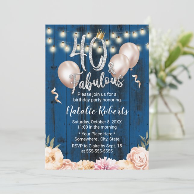 Fabulous 40 Elegant Navy Floral Queen Birthday Invitation (Standing Front)