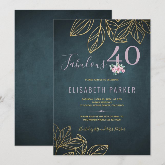 Fabulous 40 gold navy mauve 40th birthday party invitation (Front/Back)