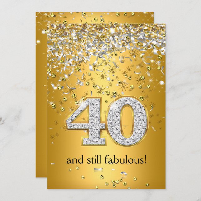 Fabulous 40 Gold Silver Streamers 40th Birthday Invitation (Front/Back)