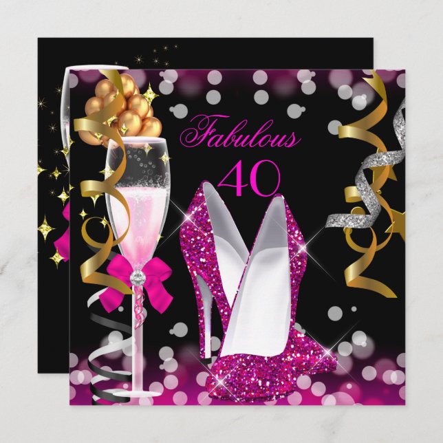 Fabulous 40 Hot Pink Gold Black Bubbles Party Invitation (Front/Back)