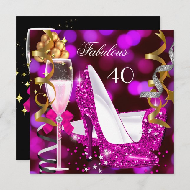 Fabulous 40 Hot Pink Gold Bubbles Glitter Party 2 Invitation (Front/Back)