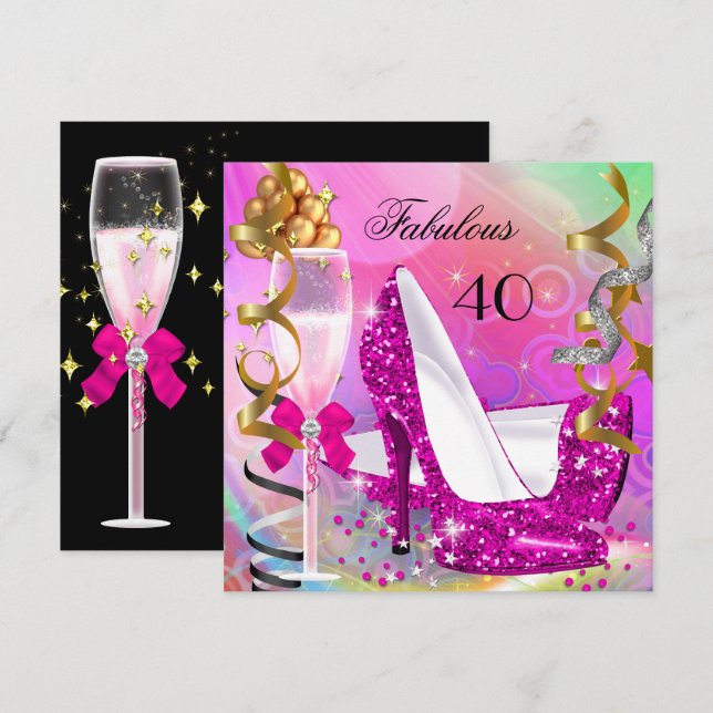 Fabulous 40 Hot Pink Gold Glitter Birthday Party Invitation (Front/Back)