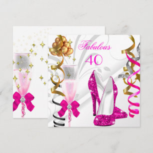 Fabulous 40 Hot Pink Gold White Birthday Party Invitation