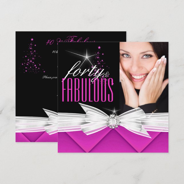 Fabulous 40 Photo Pink Black White Elegant Party 3 Invitation (Front/Back)