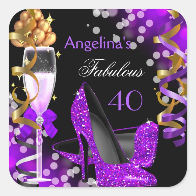 Fabulous 40 Purple Heels Gold Bubbles Birthday Square Sticker (Front)