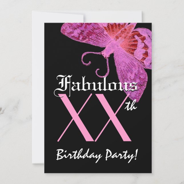 Fabulous 40th Birthday Fuschia Butterfly W1800 Invitation (Front)