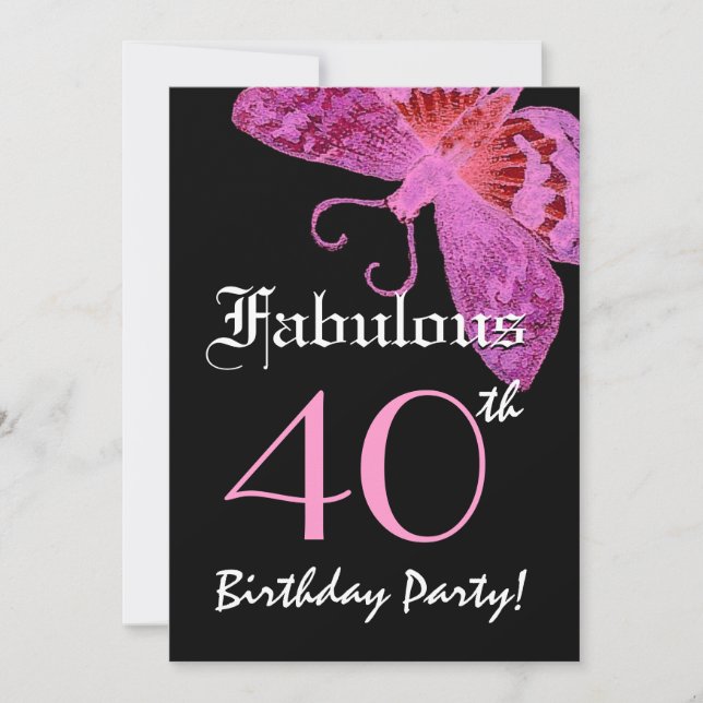 Fabulous 40th Birthday Fuschia Butterfly W1800 Invitation (Front)