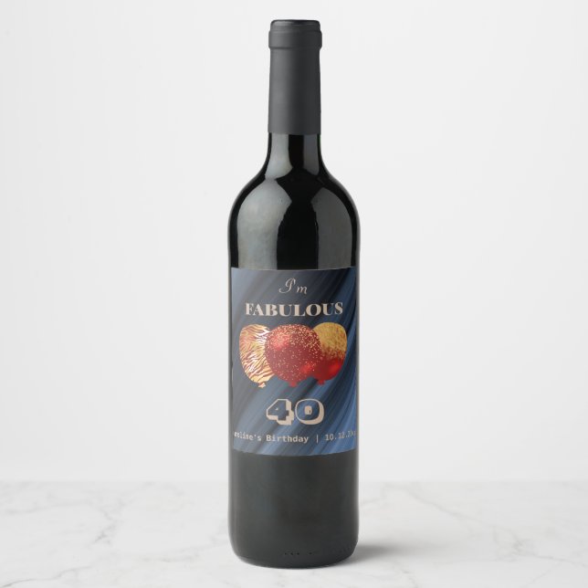 Fabulous 40th Gold Glitter Red Balloons Wine Label (Front)